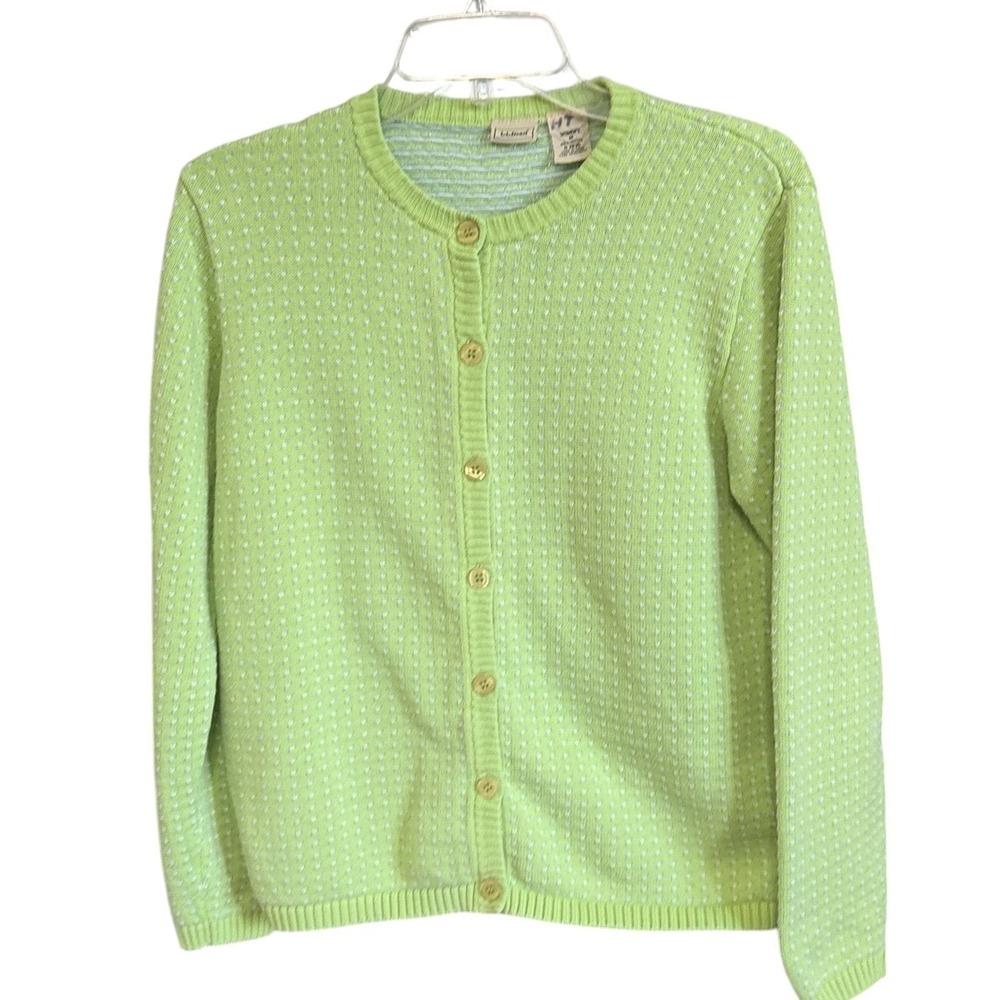 L.L. Bean Cardigan Women M Green Vintage 90s Cotton Birdseye Knit Preppy Classic